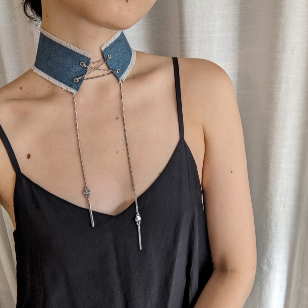 Guess blue fringe denim lace up choker